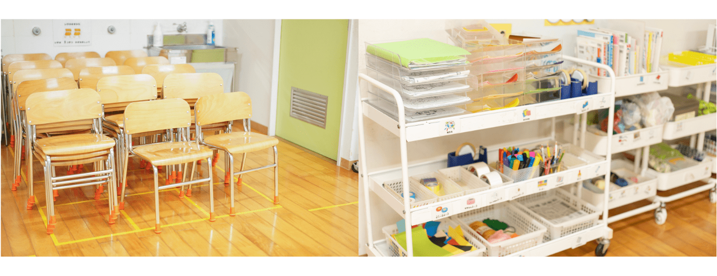 ゆめっこクラブ様の内観。温もりのある空間となっていて、子どもたちが楽しく過ごせるような環境構成の工夫が詰まっています。