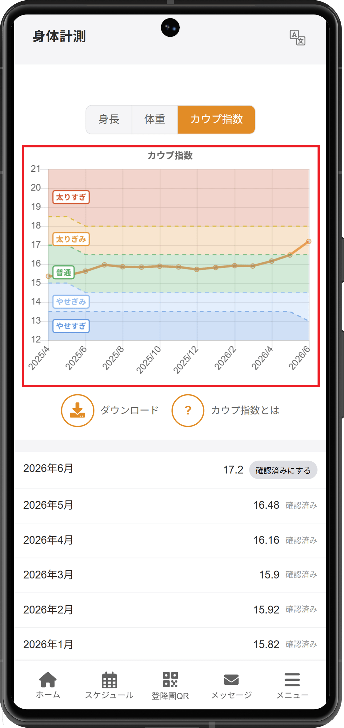 保護者アプリ身体計測＞カウプ指数を選択すると、数値とともに痩せすぎ～太りすぎの肥満度が表示されるようになりました。