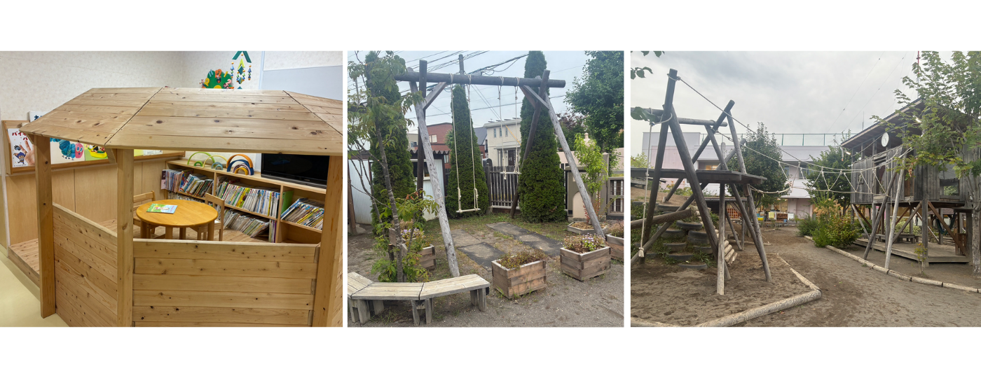 職員自ら木材を切り、作り上げた手づくりの遊具が並ぶ、旭川ふたば幼稚園の園庭。